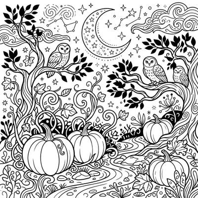 Step into a magical night where plump white pumpkins glow under a starlit moon, guarded by watchful owls. This intricate coloring page invites you to explore a mystical nocturnal landscape, perfect for a relaxing artistic escape.