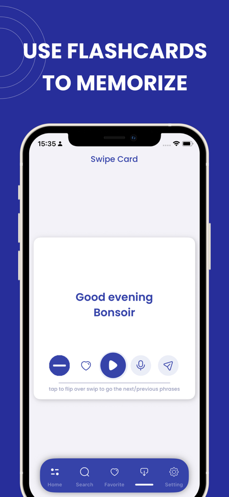 Learn French -Travel in France - A mobile screen showing a French language flashcard with the phrase Good evening Bonsoir for travel memorization.