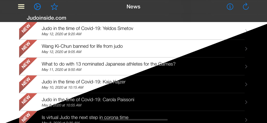 Pantalla lectora de noticias en la aplicación Judo Gokyo que muestra artículos de noticias de judo de Judoinside