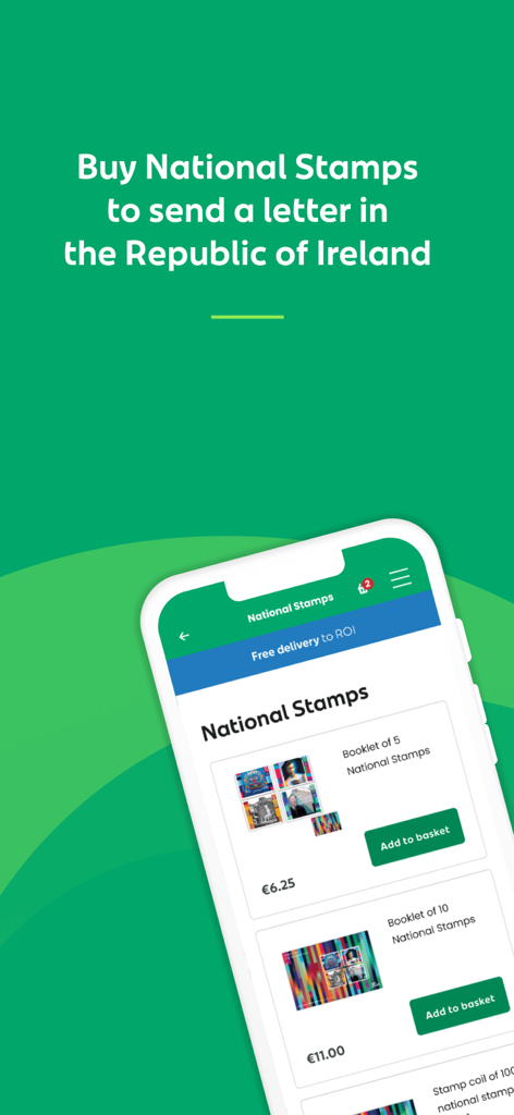 An Post app screen displaying options to buy national stamp booklets for the Republic of Ireland.