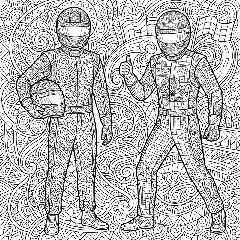 Experience the thrill of NASCAR racing combined with the calming art of Zentangle in this unique coloring page. Featuring two detailed drivers, this design offers hours of intricate coloring enjoyment for fans of all ages.
