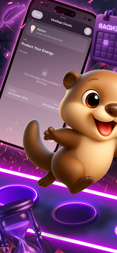 LaterSelf app screenshot showing a locked message detail screen with a cute otter character and hourglass.