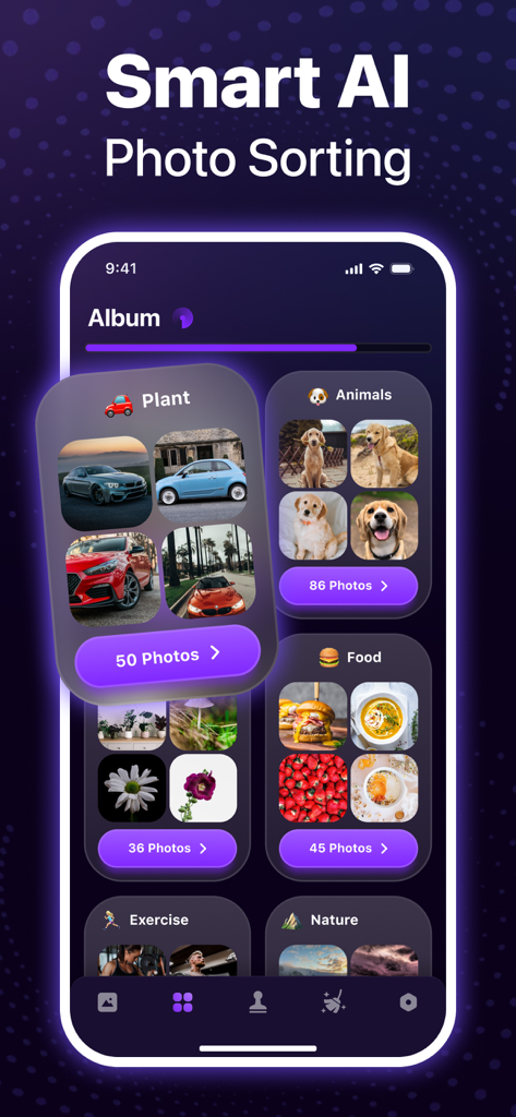 Magic Album-Storage Cleaner - Magic Album 앱 인터페이스가 AI 스마트 사진 분류를 카테고리별로 보여줌