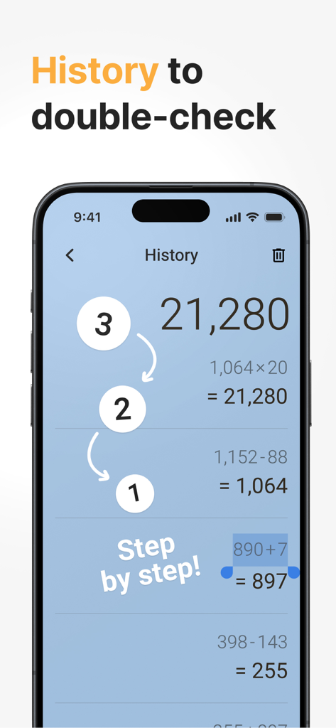Calculator Plus with History - Pantalla de historial de la aplicación Calculator Plus que muestra cálculos paso a paso.