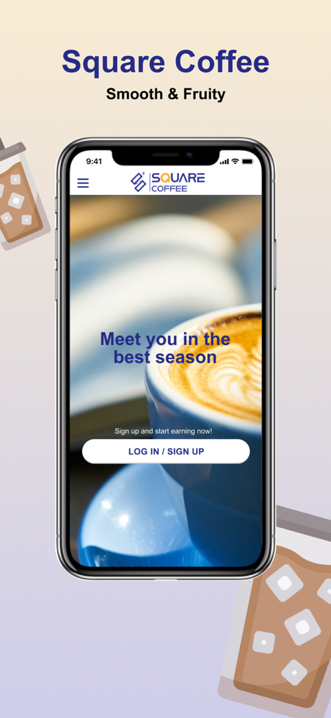 Pantalla de inicio de la aplicación móvil Square Coffee con botones de inicio de sesión y registro