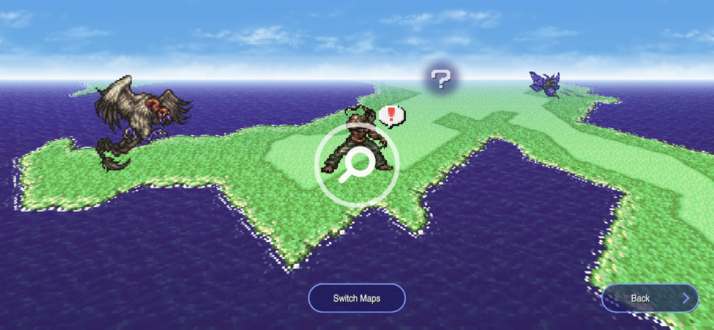 FINAL FANTASY VI - Erkundung der Weltkarte im Final Fantasy VI Pixel Remaster-Handyspiel.