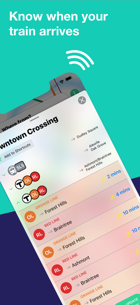 Boston T Subway Map & Routing - Departure board in the Boston T subway app showing real-time train arrival times