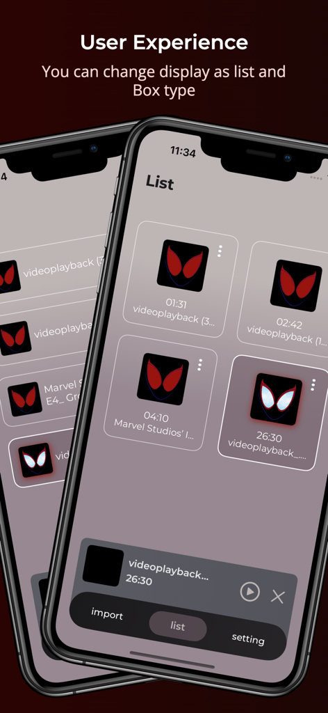 AV Box: Volume Booster and EQ - Interface of AV Box app showing media library with list and box display options