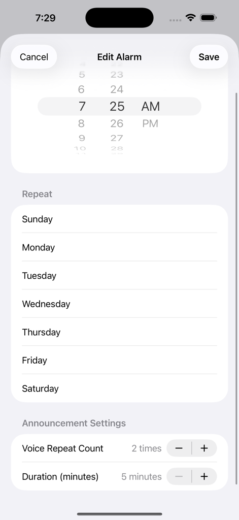 Human Voice Alarm Clock - Edit alarm screen showing time picker day repeat selection and voice announcement settings