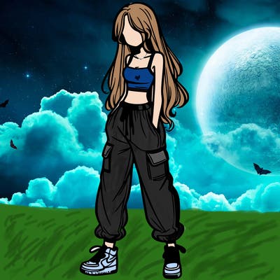 girl in baggy pants crop top and long hair