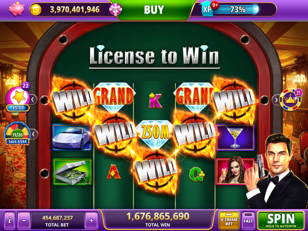 Secret agent themed slot machine screen in Gambino Slots HD featuring flaming wild symbols and a large jackpot win.