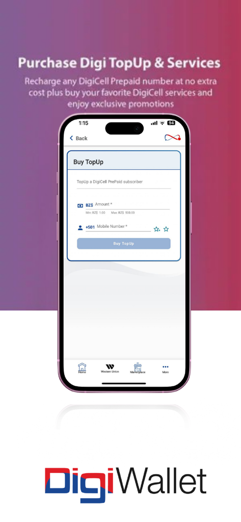 Pantalla de la aplicación DigiWallet BZ para comprar recargas de móvil DigiCell y servicios prepagos