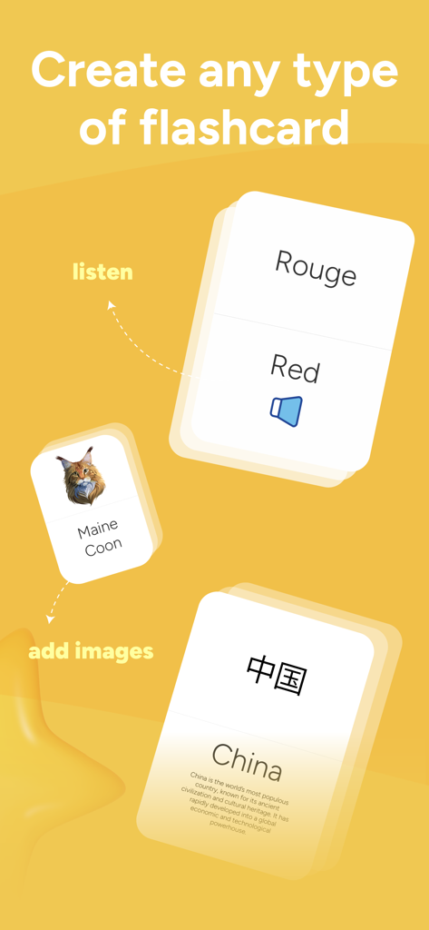 Vocabulary Builder Learn words - Pantalla de aplicación móvil que muestra tres tarjetas diferentes con texto, imágenes e iconos de audio para aprender palabras