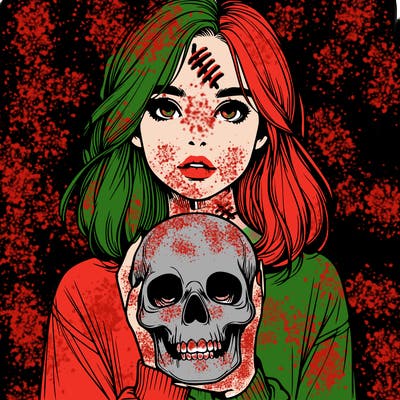 realistic girl holding a skull