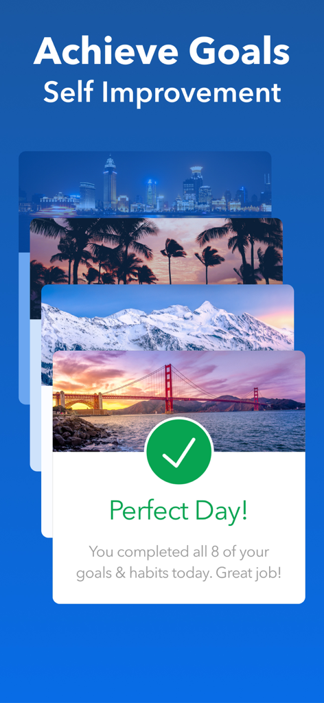 Strides habit tracker success screen showing a Perfect Day message for completing all daily goals