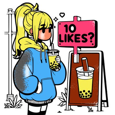 girl with oversized hoodie drinking boba and she has a high ponytail with a sign that says 10likes?