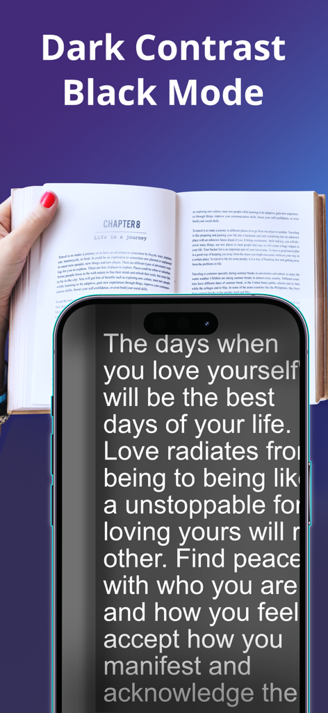 Magnifying Glass + Flashlight - Magnifying glass app using dark contrast mode to display large white text on a black background for better readability