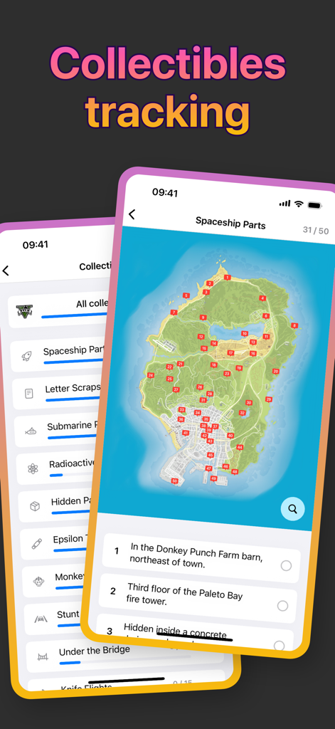 Interactive map and checklist interface for tracking collectibles in GTA