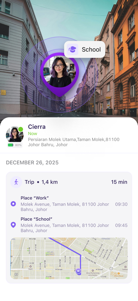 Find my Friends・Family Locator - Aplicación de localización familiar que muestra la ubicación en tiempo real y el historial de viajes detallado en un mapa.