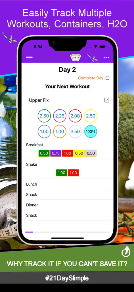 Interfaz de la aplicación 21 Day Slimple que muestra el entrenamiento del Día 2 y el rastreo de porciones de recipientes codificados por colores para las comidas.