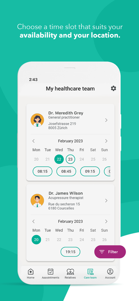 OneDoc - Interfaccia dell'app mobile che mostra i profili dei fornitori sanitari e gli slot temporali disponibili per gli appuntamenti