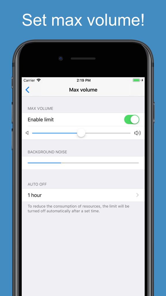 Volume Limit Control - Captura de pantalla del iPhone que muestra la configuración de volumen máximo y el nivel de ruido de fondo en la aplicación Control de Límite de Volumen.