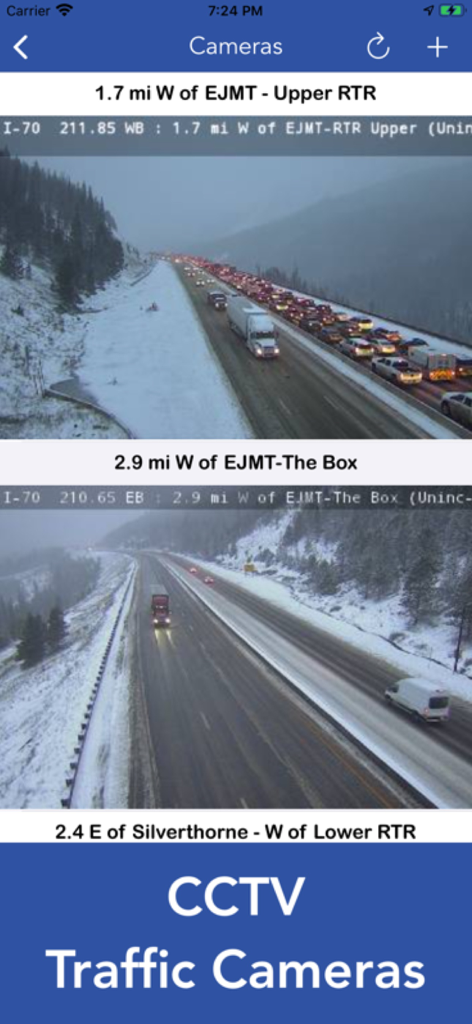 Live CCTV traffic cameras on I-70 showing snowy Colorado road conditions
