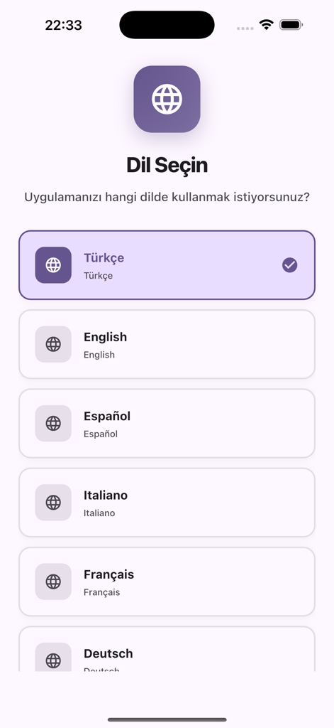 IBAN List - Pantalla de selección de idioma en la aplicación móvil Lista IBAN que muestra varias opciones de idioma, incluyendo inglés, español y francés.