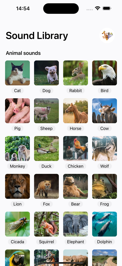 SoundHub - No Ads - A grid of animal photos with labels in the Sound Library app interface