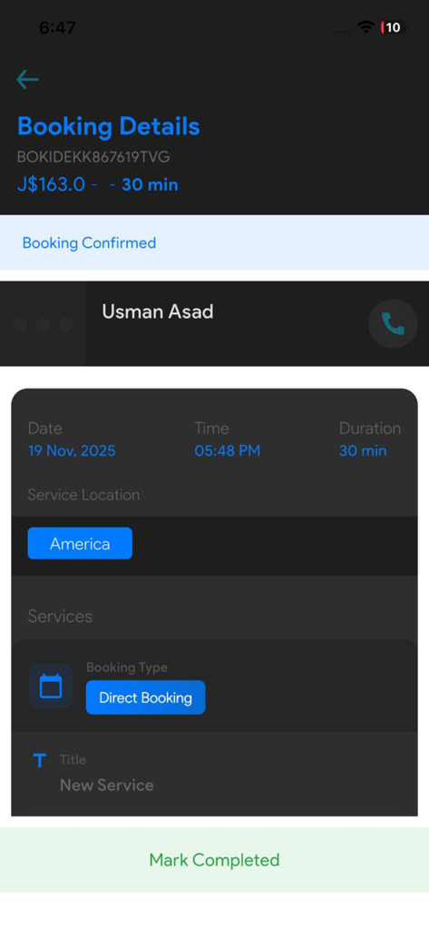 Mechanic Connect – Garage - Écran de détails de réservation dans l'application Mechanic Connect Garage affichant l'heure du service, le nom du client et le statut de la réservation.
