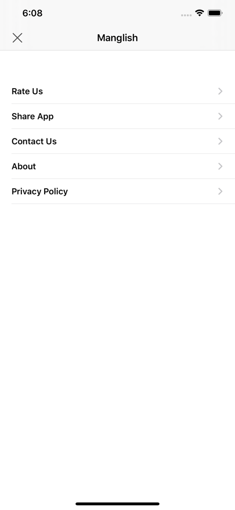 Settings screen of the Manglish app showing menu options like Rate Us Share App and Contact Us