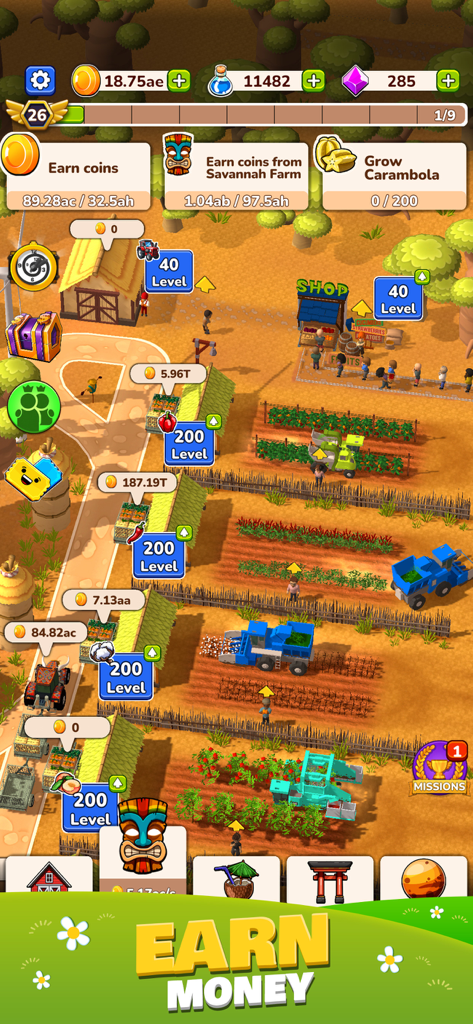 Top down view of a farm empire in Idle Farm showing crop fields and harvesting tractors.