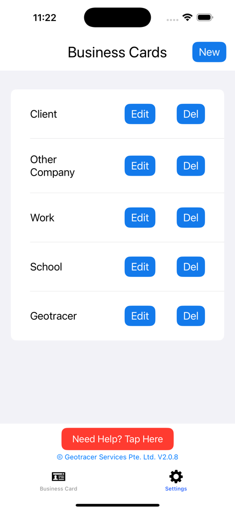 Smart Business NameCard - Interface showing a list of digital business cards with edit and delete options for categories like work and school.
