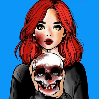 realistic girl holding a skull