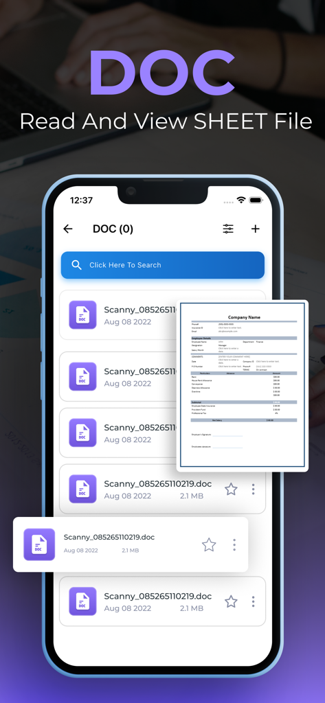 A mobile app screen showing a list of DOC files and a preview of a company document.