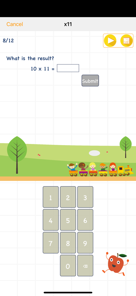 A multiplication practice screen from the Klatt-Times Tables app showing an exercise for the eleven times table with a child friendly interface.