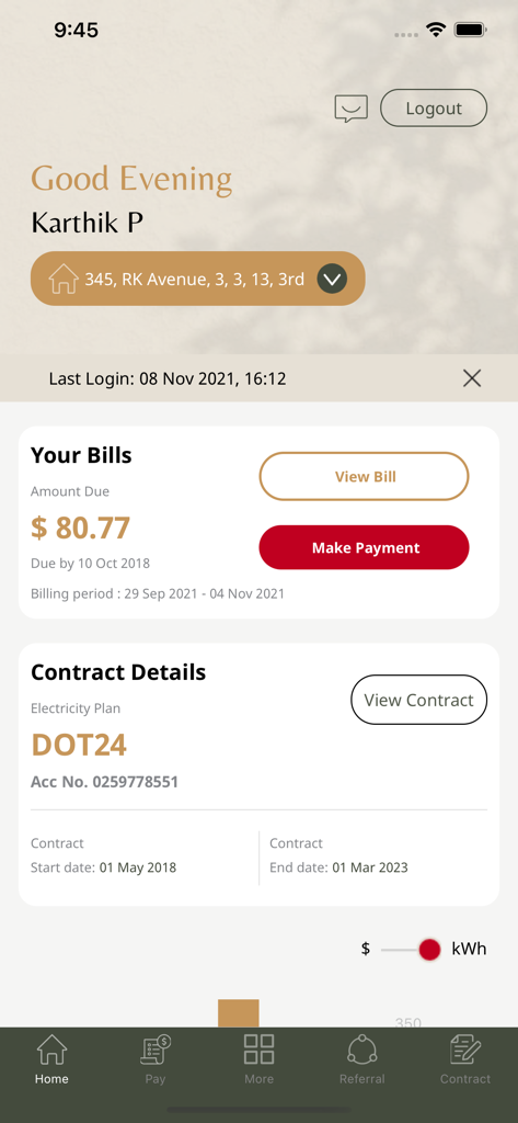 Keppel Electric - Keppel Electric app dashboard showing bill payment and contract details