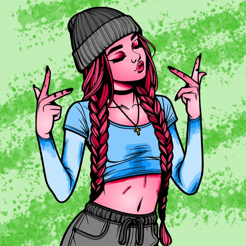 realistic teenage girl with braids and a beanie and crop top doing 🫶🏼