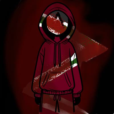 faceless girl in a tracksuit with a hood on and no hair