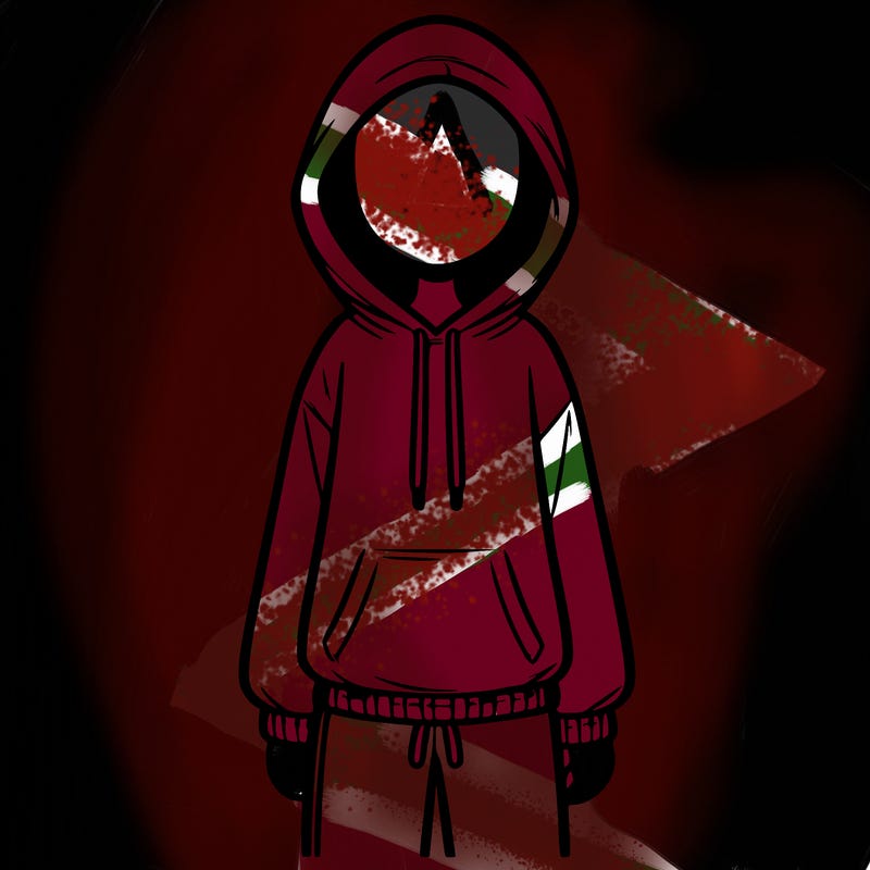 faceless girl in a tracksuit with a hood on and no hair