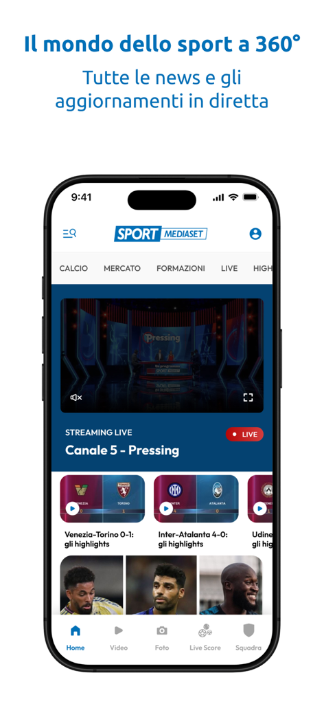 SportMediaset - Pantalla de inicio de la aplicación SportMediaset que muestra noticias deportivas italianas y transmisión en vivo