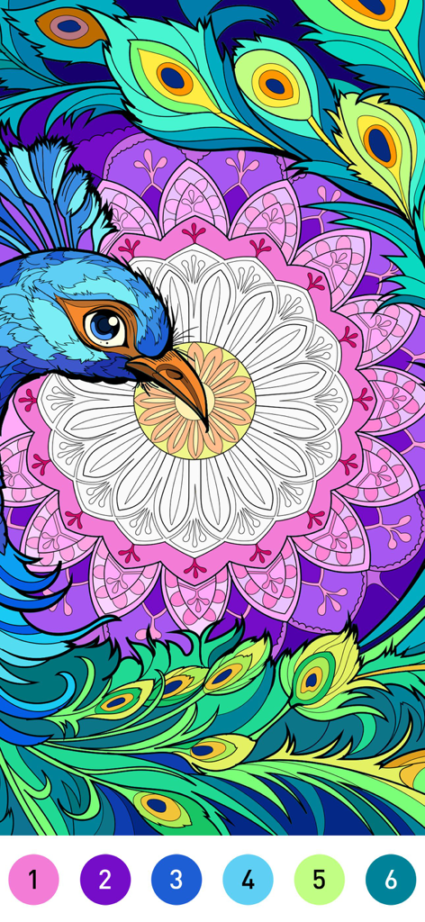 Mandala Coloring Book Game - A vibrant peacock and mandala illustration in a color by number game interface with a numbered color palette