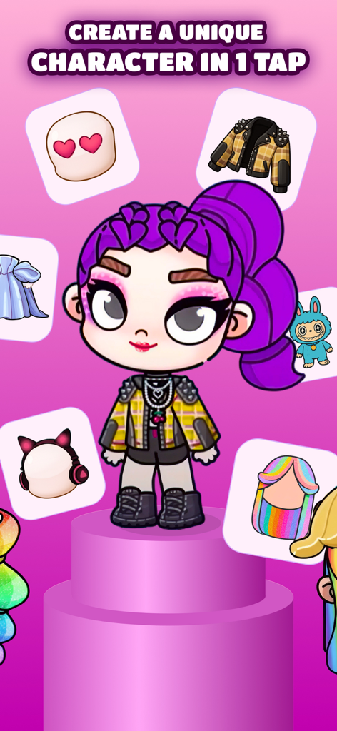 Aesthetic Avatar World Mods - A stylish purple haired avatar character with fashion customization icons