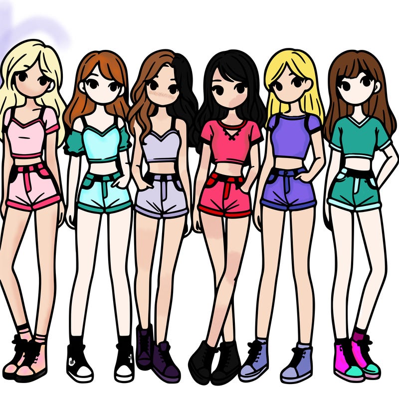 a group of girls wearing crop tops and shorts