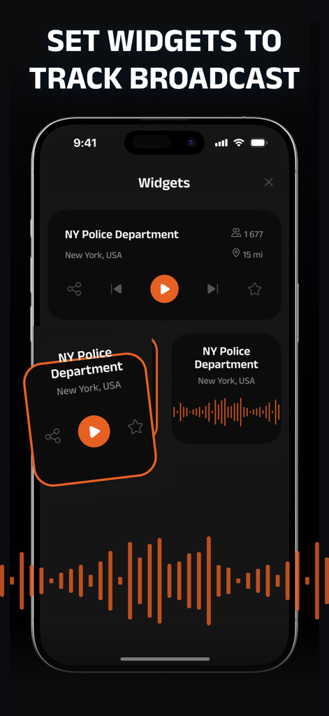 iPhone screen displaying various widget designs for the Police and Fire Scanner Radio app