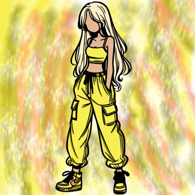 girl in baggy pants crop top and long hair