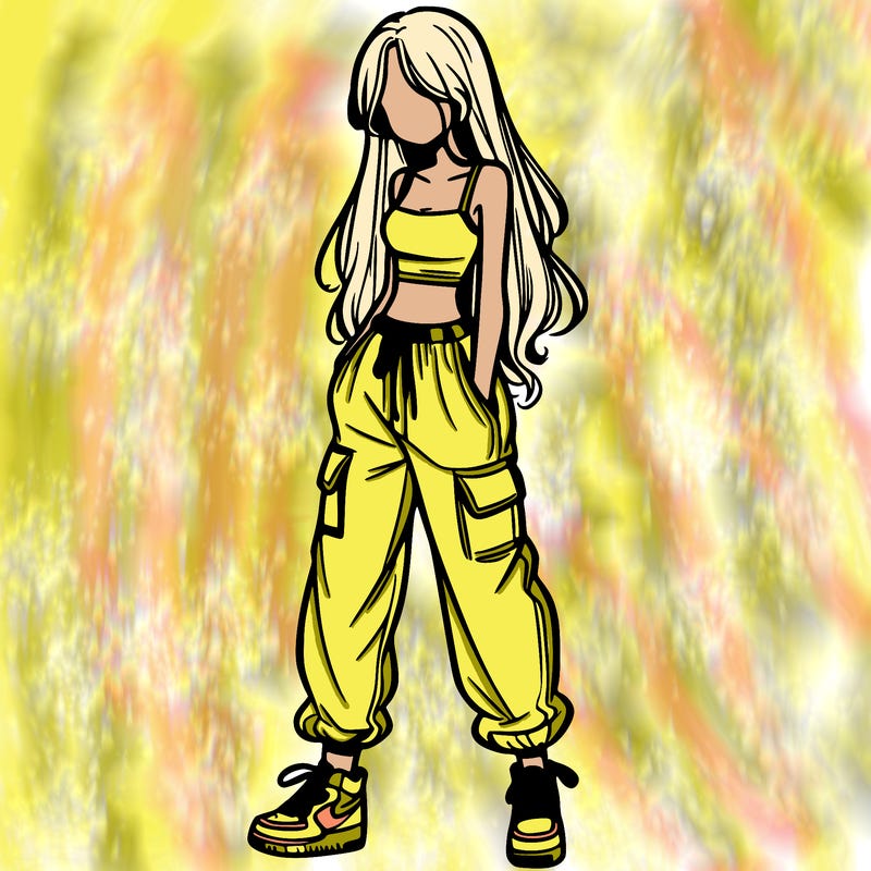 girl in baggy pants crop top and long hair
