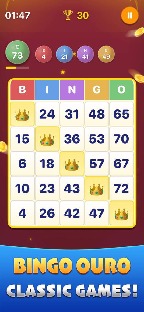 A classic bingo card in the Bingo Ouro app showing a winning diagonal line marked with golden crowns.
