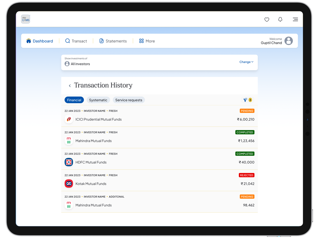 myCAMS MutualFund App for iPad - Transaction history screen of myCAMS mutual fund app for iPad showing various fund investments