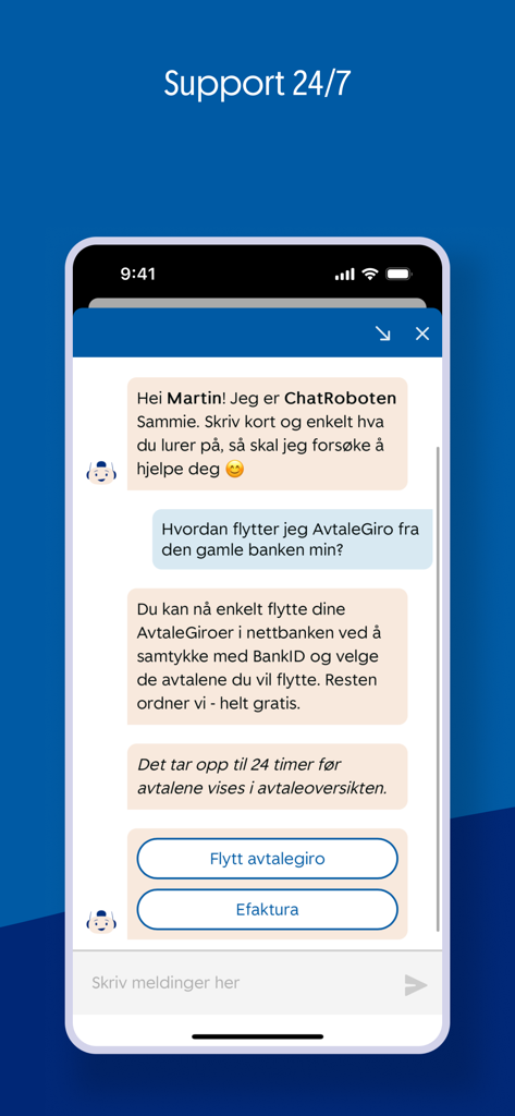 SpareBank 1 Mobilbank - SpareBank 1 Mobilbank 24/7 support chatbot interface